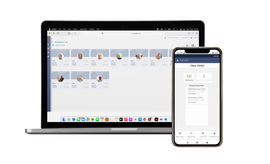 Syncurio’s employee portal showing staff holdiays, shift schedules, and important updates for care home management.