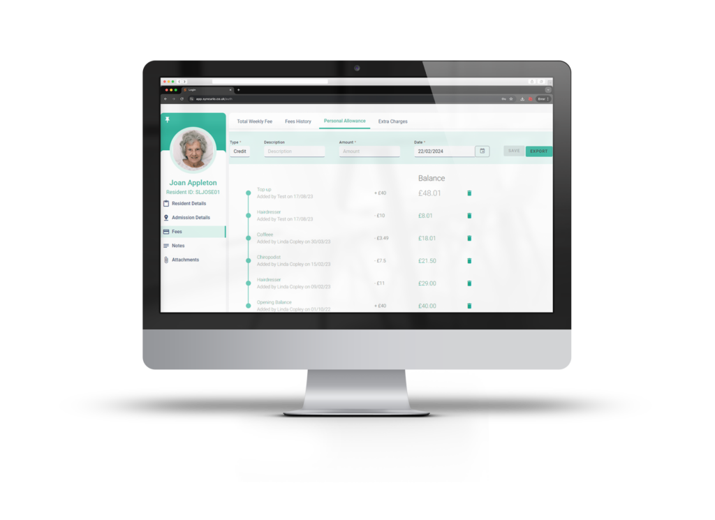 Care home personal allowances management software showing resident fund tracking and financial reports.