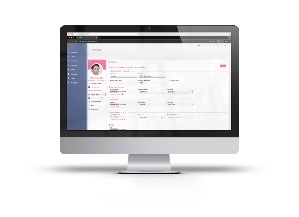 Care home UKBA compliance software showing right-to-work checks and visa tracking.