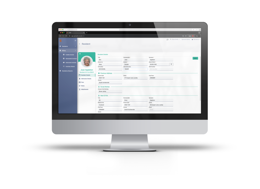 Resident details management software displaying next of kin, room assignments, and resident location.