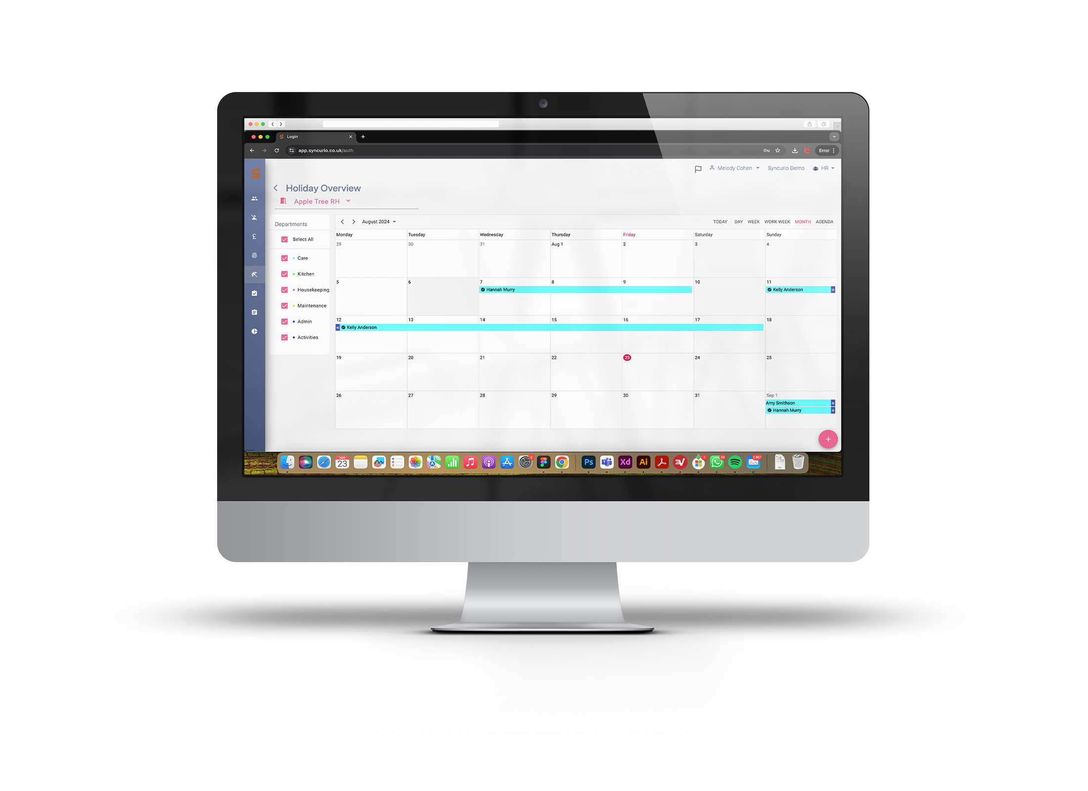 Care home absence management software displaying holiday calendar