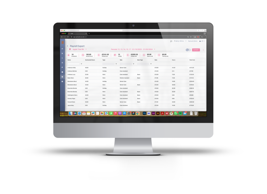 Care home payroll software showing employee payments and compliance tracking.