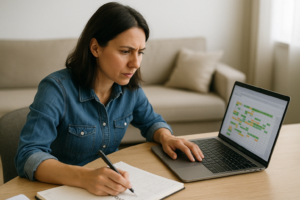 Care home manager using staff scheduling software on a laptop while taking notes, improving rota planning and shift management.