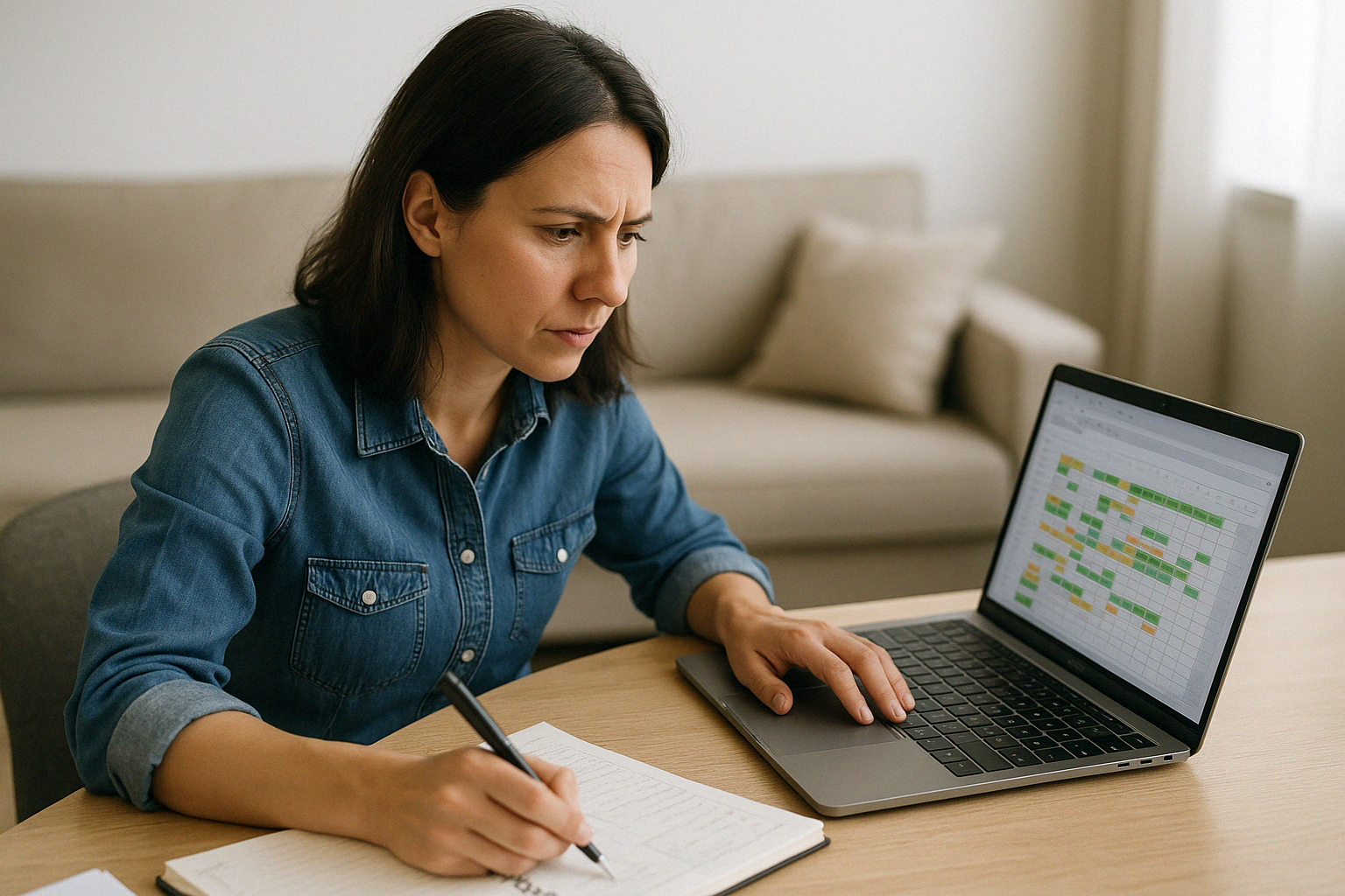 Care home manager using staff scheduling software on a laptop while taking notes, improving rota planning and shift management.