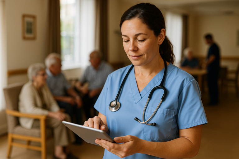 Care home nurse using care home staff management software on a digital tablet, with residents and colleagues in the background.