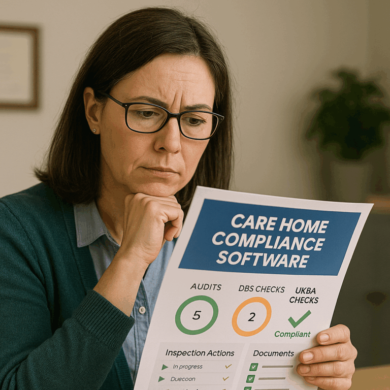 Middle-aged woman reviewing a printed care home compliance software report with audits, DBS checks, and UKBA documentation.