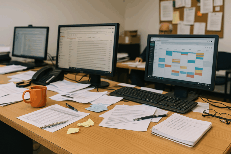 Messy care home office desk with cluttered paperwork and dual monitors before implementing operational efficiency tools