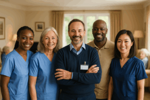 Five diverse care home staff members smiling together in a well-lit care home lounge, showing team unity and a positive work environment.