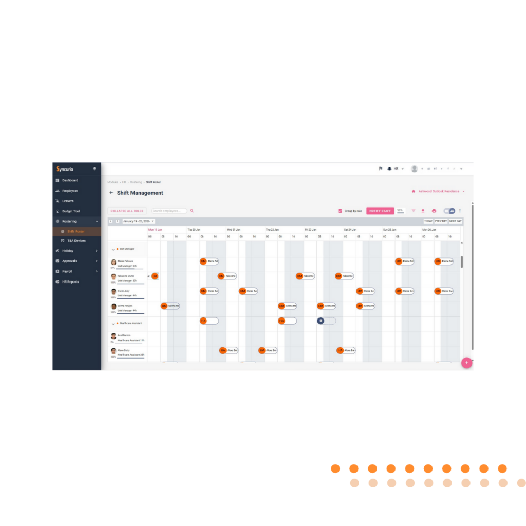 Image of shift management screen on Syncurio as part of the care management system offering