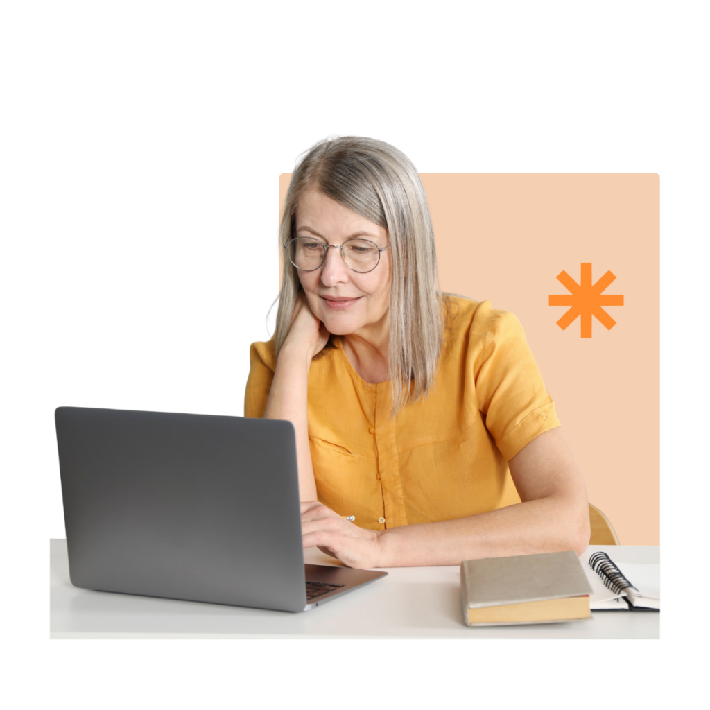 Image of white woman in front of a laptop, with imagery behind, on the page for Syncurio's attendance tracker software