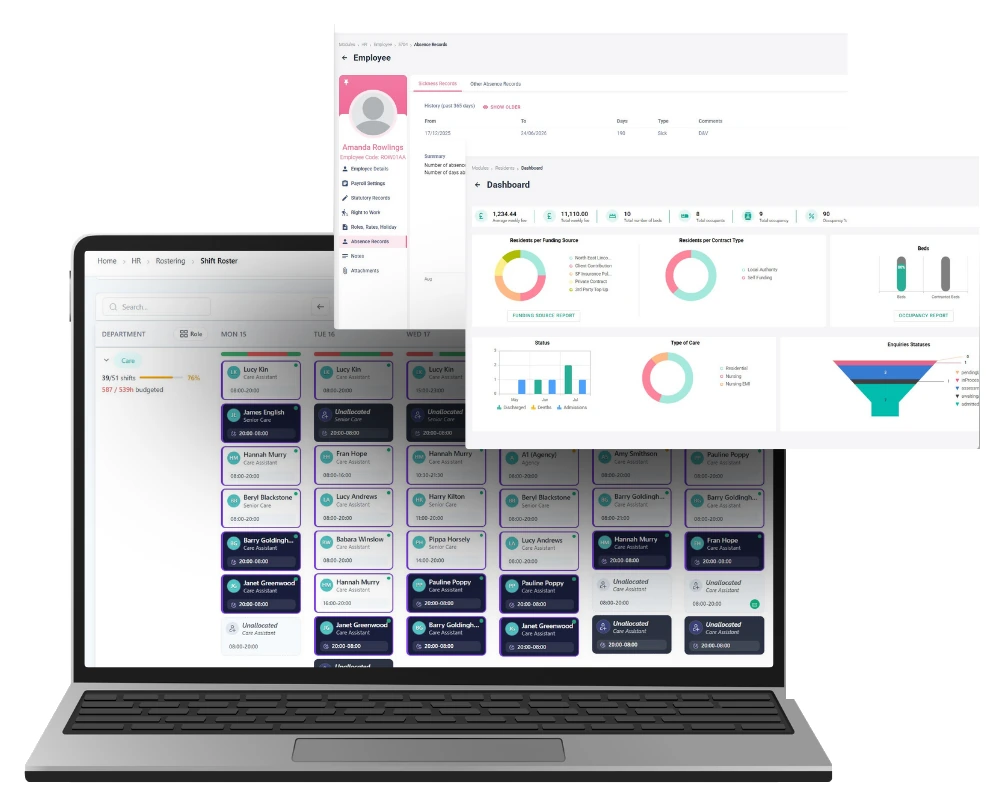 care home software | hr, governance & occupancy management 14 syncurio care home software on a laptop showing the shift roster, employee absence records and the residents occupancy dashboard